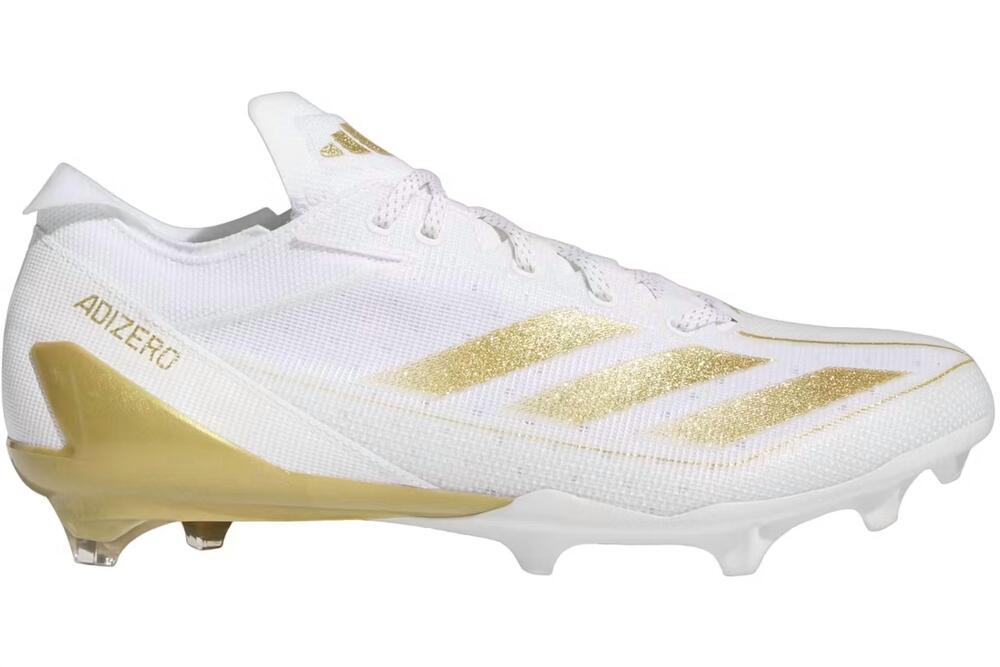 NEW ADIDAS men's adizero electric cleats in cloud white/gold metallic/cloud whit